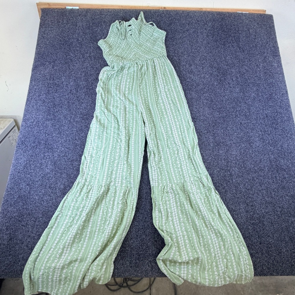 Sincerely Jules Sage Green Floral Smocked‎ Wide Leg Jumpsuit Small Boho Lace Up